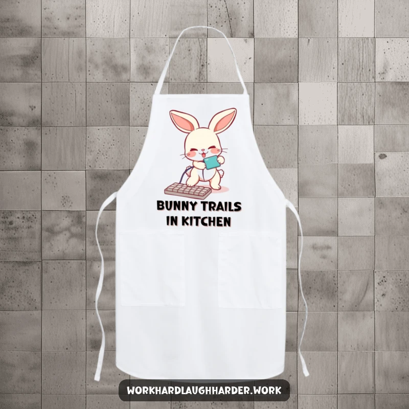 Funny apron showing a bunny comically tripping over a keyboard cable, perfect for cooking with a dose of tech humor.