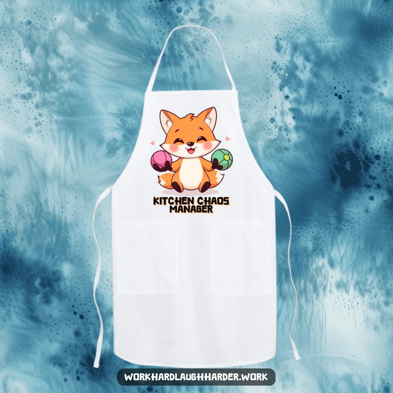 Funny apron showcasing a smiling fox skillfully juggling three colorful stress balls while cooking, a symbol of fun in the kitchen.