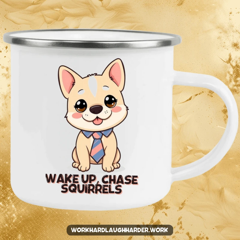 Funny dog wearing a tie askew, looking comically ready for adventure on a durable camping mug, a great funny gift.