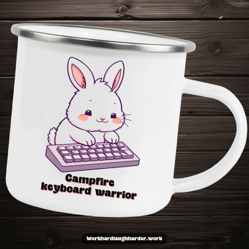 Funny fluffy rabbit typing enthusiastically on a keyboard, printed on a durable enamel camping mug.