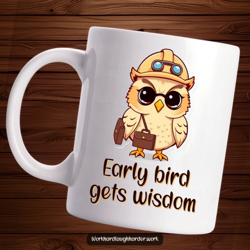 Funny cute owl wearing a hard hat and carrying a briefcase, symbolizing business and determination.