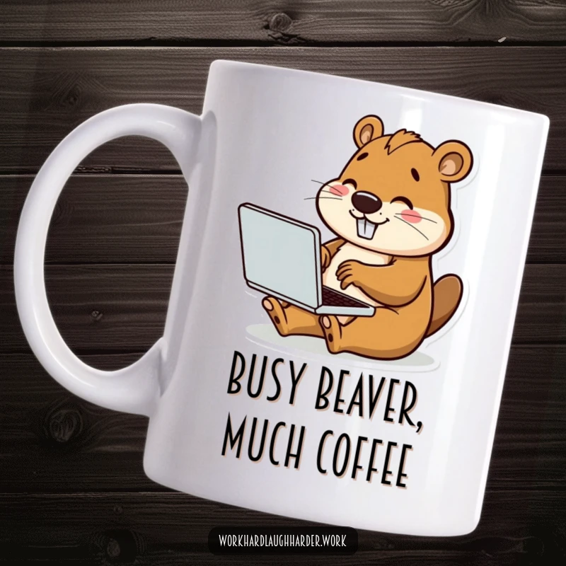 Funny mug featuring a happy beaver diligently typing on a tiny laptop, embodying cheerful productivity and focus.
