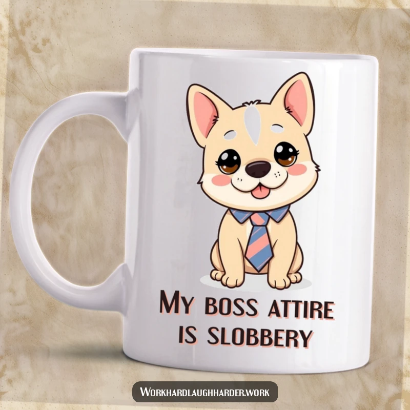 Funny dog wearing a tie askew, looking comically professional and slightly bewildered on a coffee mug, perfect gift.