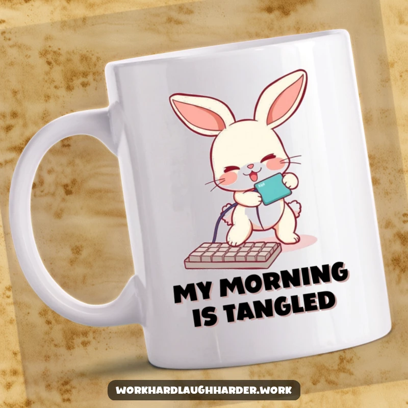 Funny mug featuring a bunny comically tripping over a tangled keyboard cable, embodying tech-related clumsiness and charm.