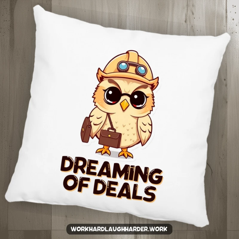 Funny cute owl wearing a hard hat and carrying a briefcase, depicted on a soft, plush pillow.
