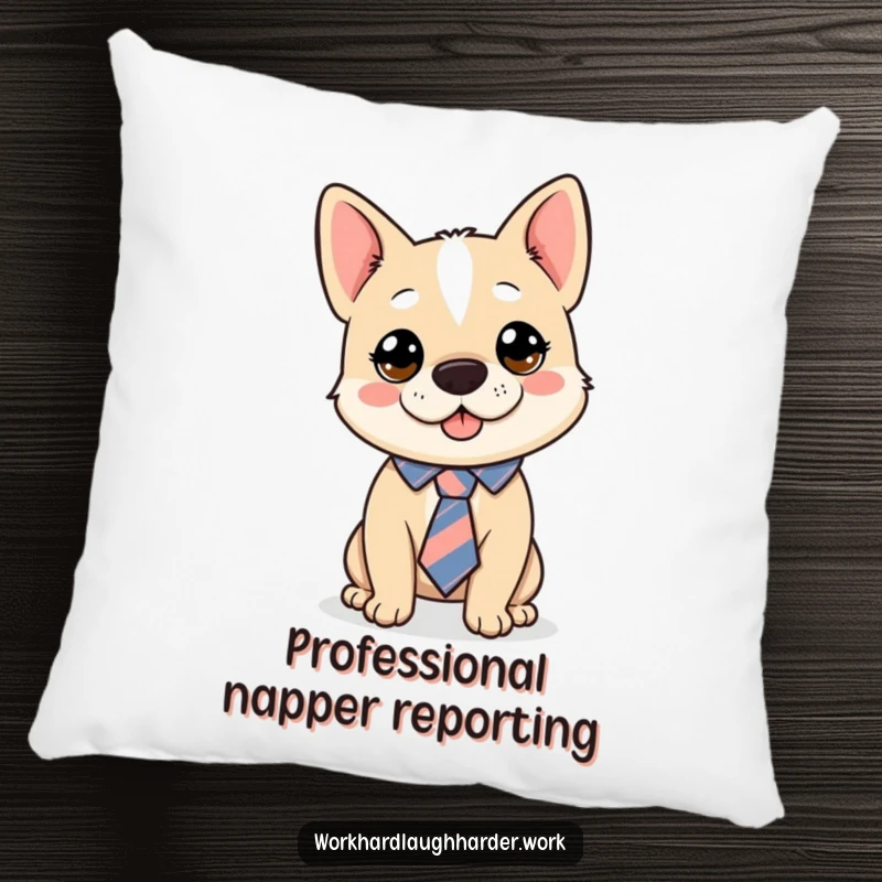 Funny dog wearing a tie crookedly, looking comically formal on a soft pillow, a charming and funny gift.