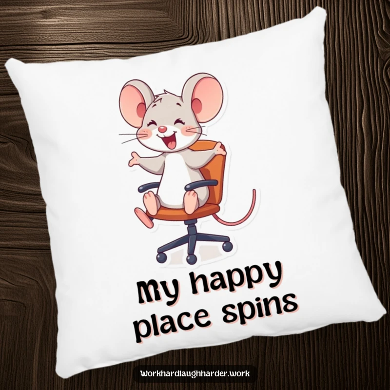 Funny joyful mouse riding a rolling office chair on a soft pillow, a charming and funny gift for any room.