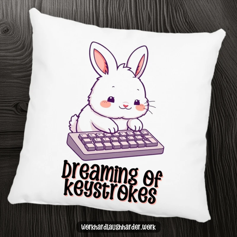 Funny fluffy rabbit typing enthusiastically on a keyboard, depicted on a soft, plush pillow.