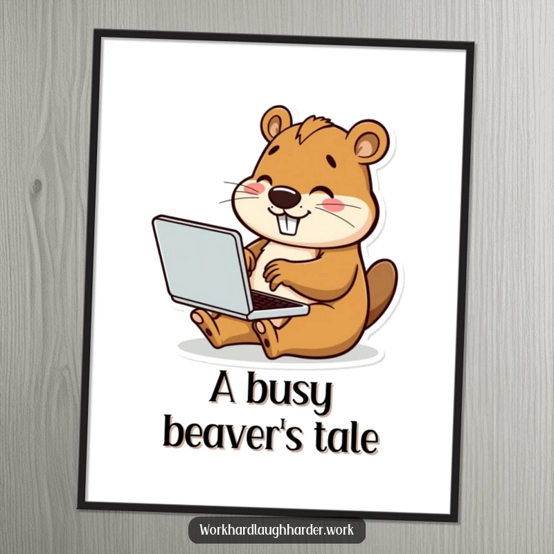 Funny digital art print of a happy beaver typing on a tiny laptop, offering instant cute and productive humor for decor.