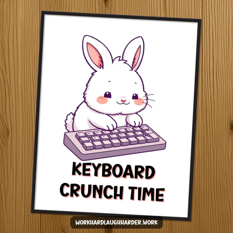 Funny fluffy rabbit typing enthusiastically on a keyboard, available as a high-resolution digital art print.