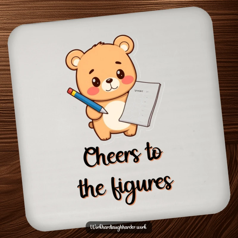 Funny cheerful bear cub holding a pen and pointing at a spreadsheet, designed as a set of protective coasters.