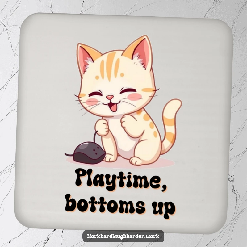 Funny drink coaster featuring a playful cat batting at a computer mouse cursor, protecting tables with humorous feline tech interaction.