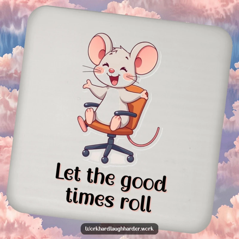 Funny joyful mouse comically riding a rolling office chair on a drink coaster, offering humorous surface protection and a funny gift.