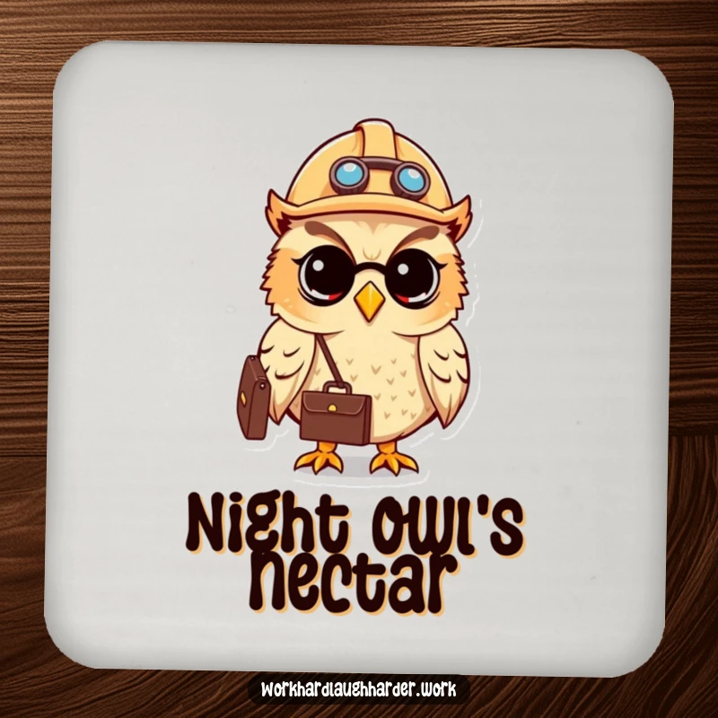 Funny cute owl in a hard hat holding a briefcase, designed as a set of protective drink coasters.