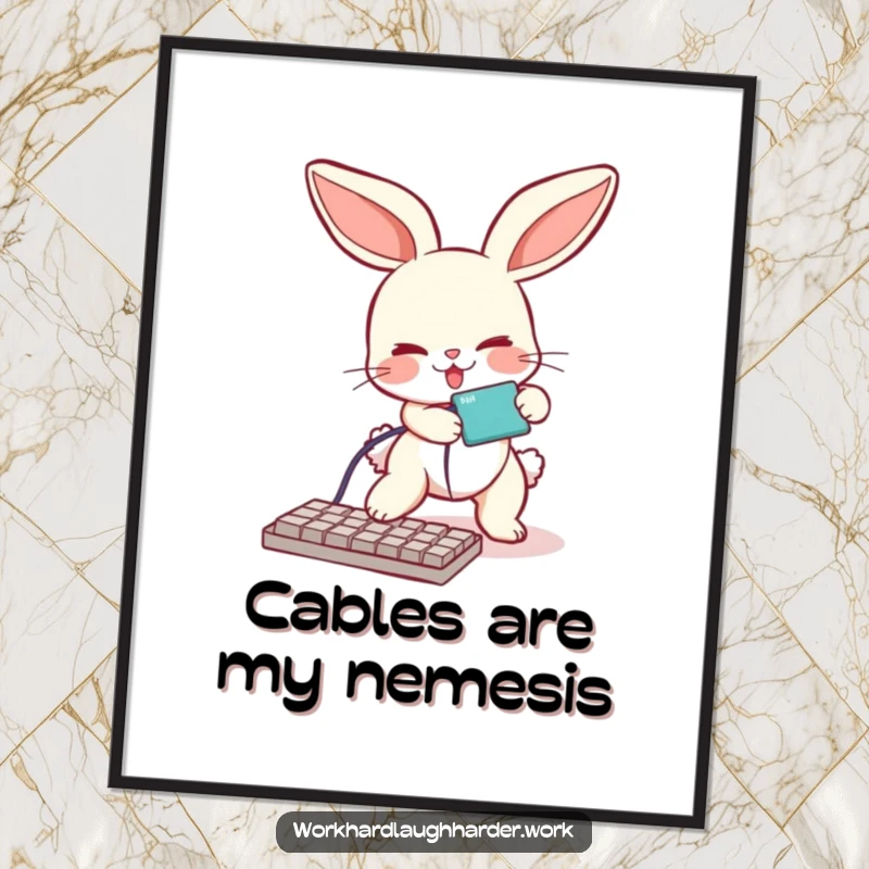 Funny wall art poster of a bunny comically tripping over a keyboard cable, bringing playful tech humor to any room.