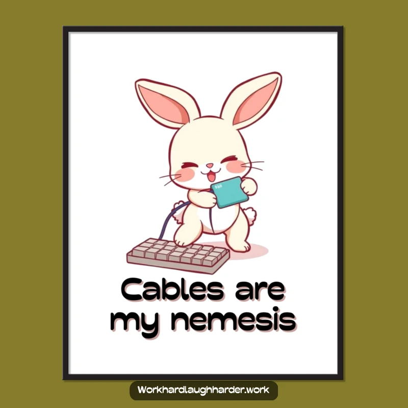 Funny Bunny Tripping Cable Poster: Hilarious Tech Art Decor