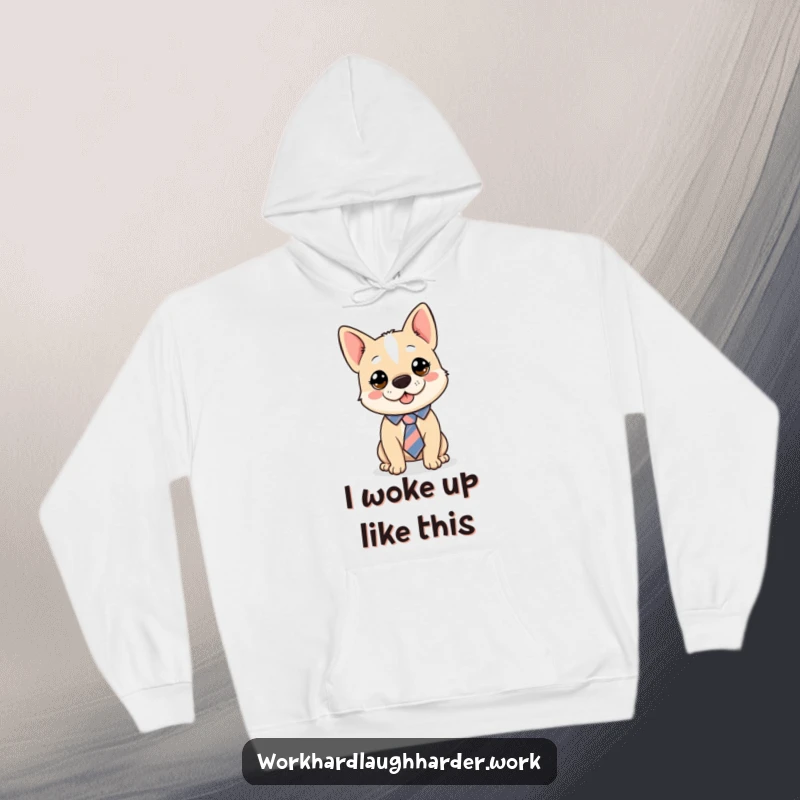 Funny dog in a crooked tie, looking dapper yet silly, featured on a warm and cozy hoodie, ideal funny gift.