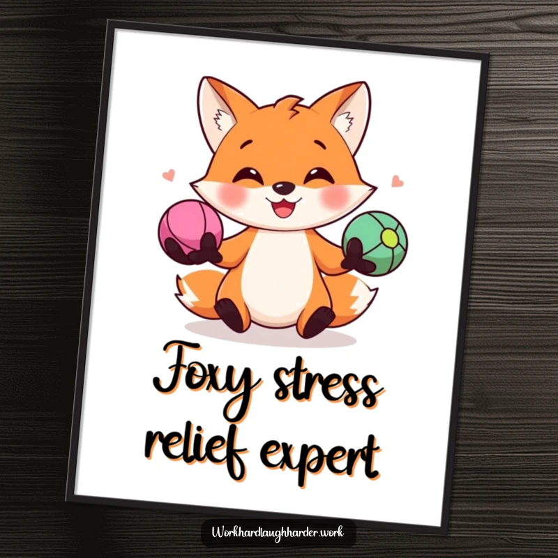 Funny Free Printable Wall Art: A smiling fox skillfully juggling three colorful stress balls, radiating playful energy.