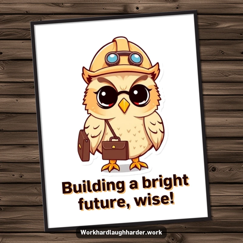 Funny Free Printable Wall Art: Cute Owl wearing a hard hat and carrying a briefcase, symbolizing business and wisdom.