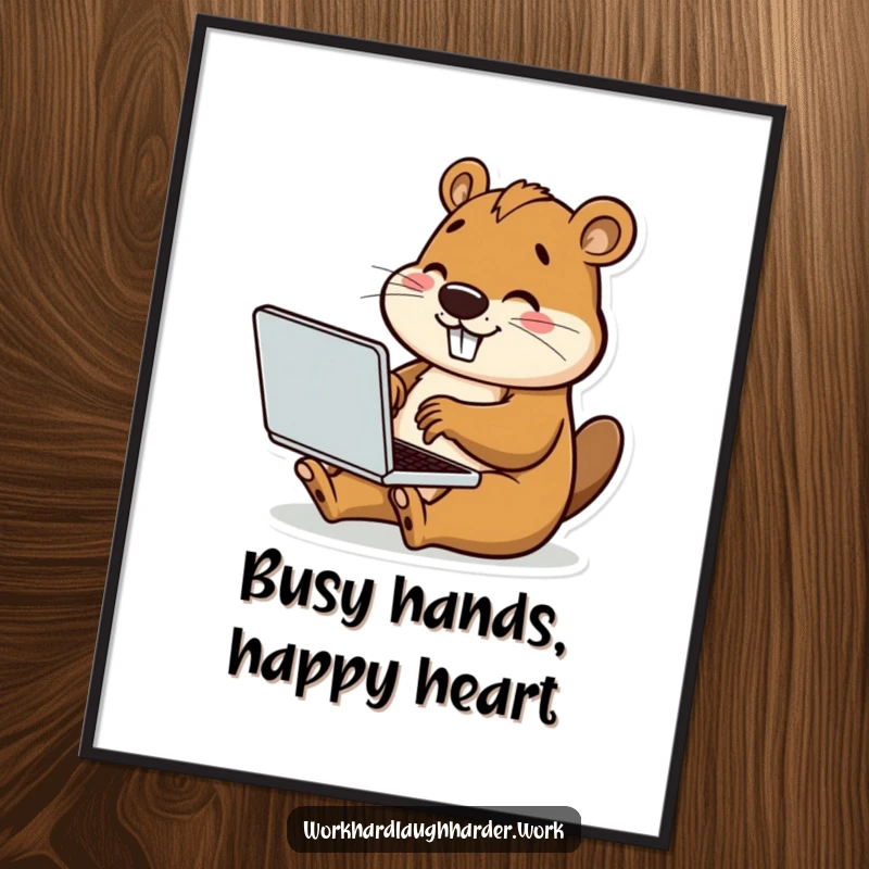 Funny Free Printable Beaver Wall Art, happy beaver typing on tiny laptop, cute tech decor, downloadable.