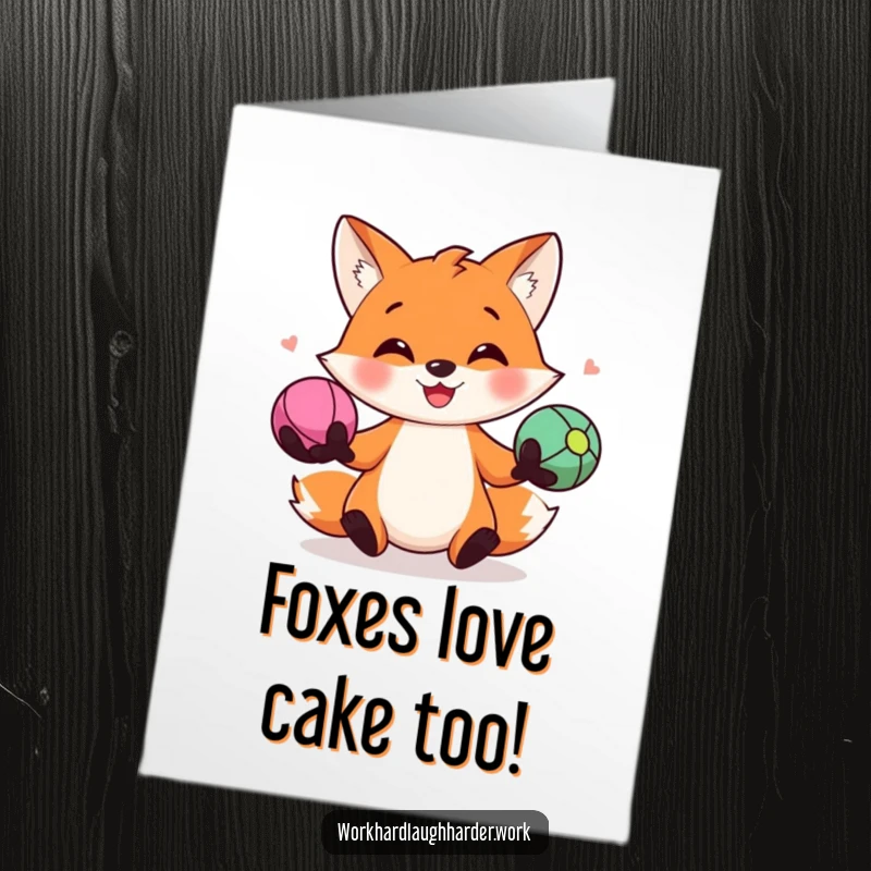Funny Free Printable Birthday Card: Smiling fox enthusiastically juggling stress balls, ready to deliver birthday wishes.
