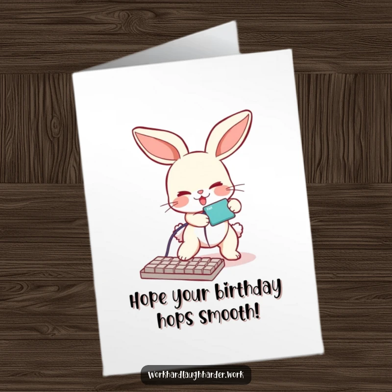 Funny Free Printable Bunny Birthday Card, bunny tripping over keyboard cable, clumsy greeting, downloadable.