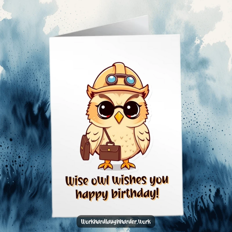 Funny Free Printable Birthday Card: Cute Owl in a hard hat holding a briefcase, ready for a busy birthday.