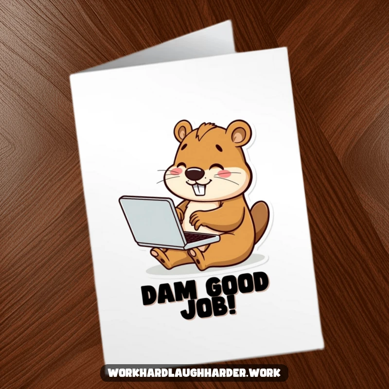 Funny Free Printable Beaver Congratulations Card, happy beaver with laptop, success greeting, downloadable art.