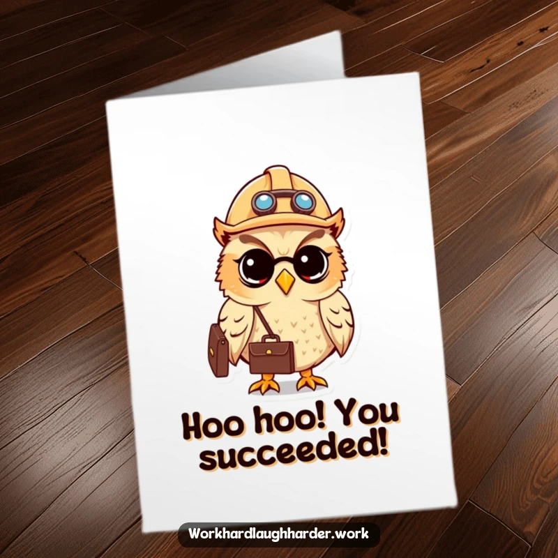 Funny Free Printable Congratulations Card: Owl wearing a hard hat and carrying a briefcase, looking accomplished and wise.