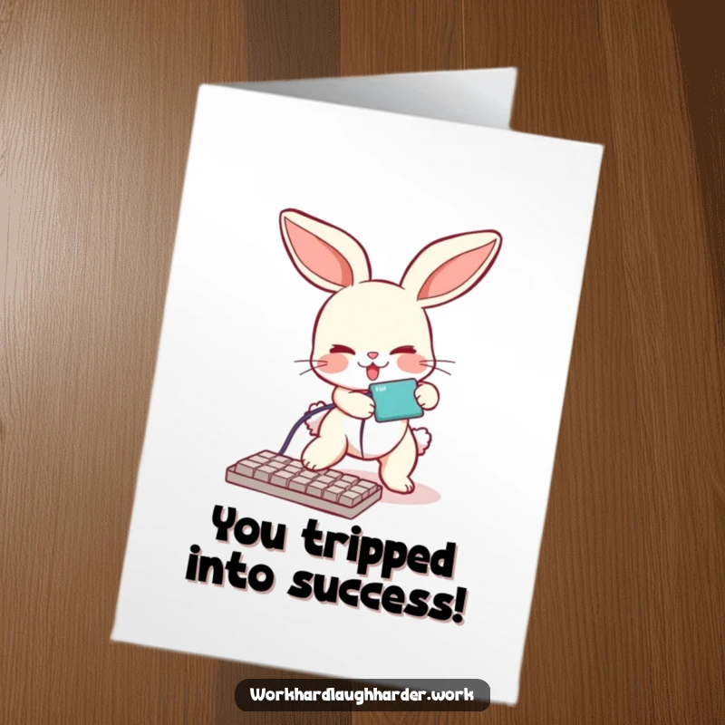 Funny Free Printable Bunny Congratulations Card, bunny tripping on cable, oops moment greeting, downloadable art.
