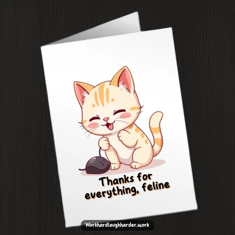 Funny Free Printable Cat Thank You Card, cat chasing mouse cursor, playful gratitude, downloadable art.