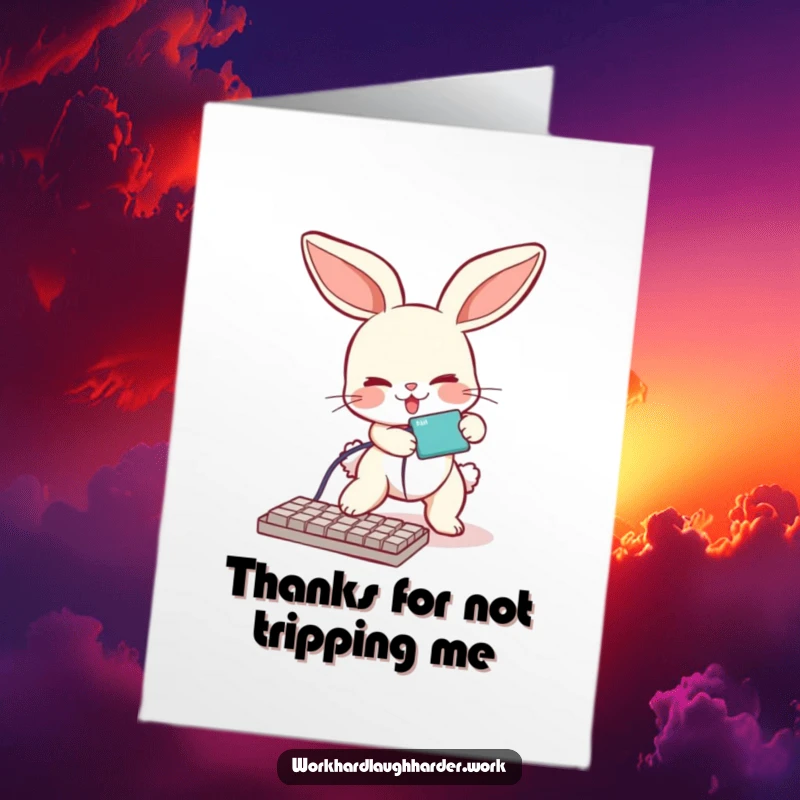 Funny Free Printable Bunny Thank You Card, bunny tripping, tech mishap greeting, downloadable art.