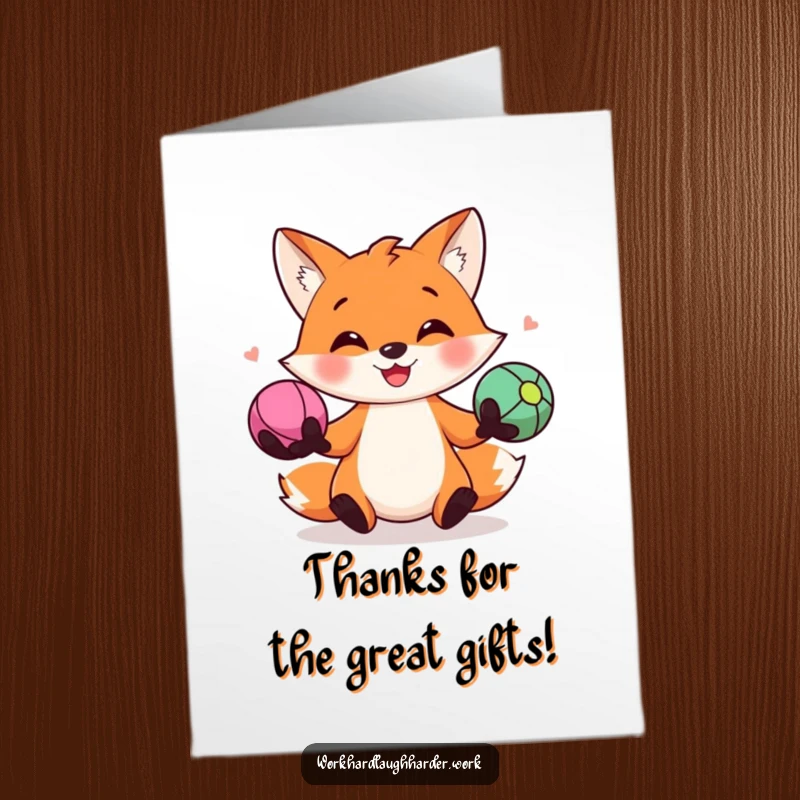 Funny Free Printable Thank You Card: Happy fox energetically juggling stress balls to convey sincere gratitude.