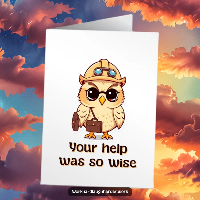 Funny Free Printable Thank You Card: Cute Owl in a hard hat with a briefcase, looking diligent and thankful.