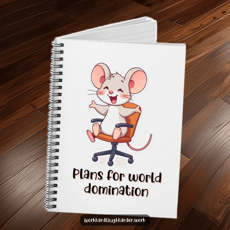 Funny joyful mouse comically riding a rolling office chair in a charming notebook, an ideal funny gift for note-takers.