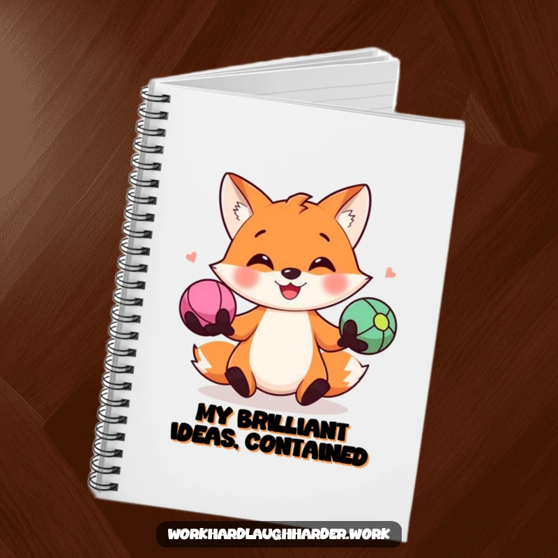 Funny notebook with a cheerful fox juggling three colorful stress balls, designed for jotting down creative ideas with a playful spirit.
