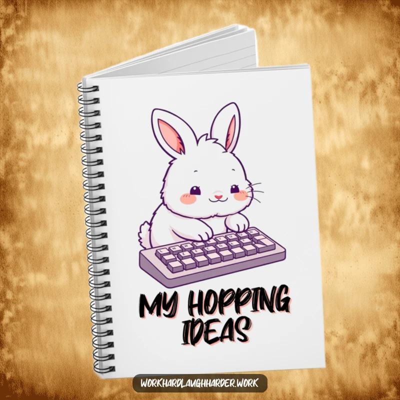Funny fluffy rabbit typing enthusiastically on a keyboard, featured on the cover of a notebook.