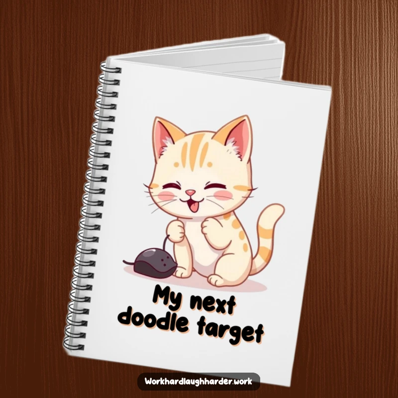 Funny notebook cover with a playful cat batting at a computer mouse cursor, designed for jotting down ideas with a touch of feline fun.