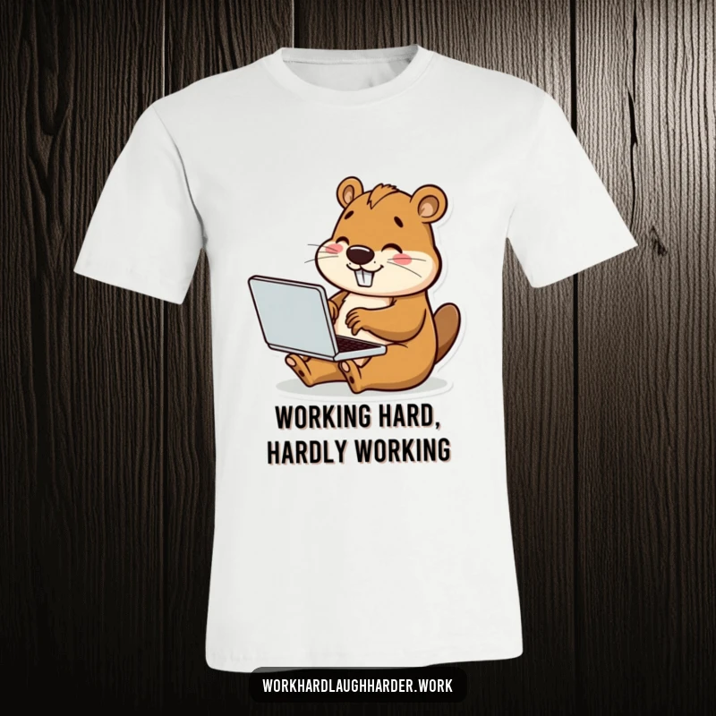Funny t-shirt depicting a happy beaver enthusiastically typing on a miniature laptop, showcasing dedication and cheerful work ethic.