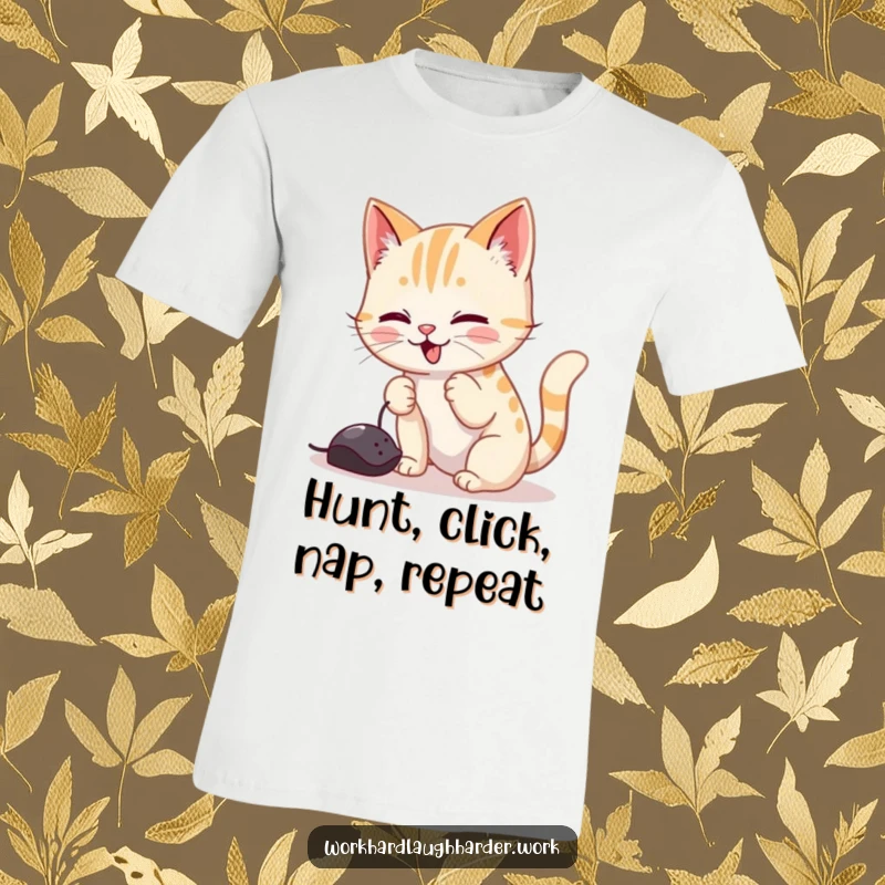 Funny t-shirt depicting a playful cat comically swatting at a digital mouse cursor, showcasing feline focus and tech interaction.