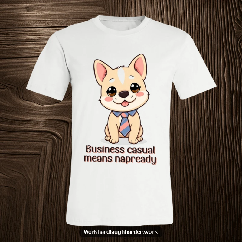 Funny dog character wearing a tie crookedly, embodying a comically dishevelled yet charming personality on a T-shirt.