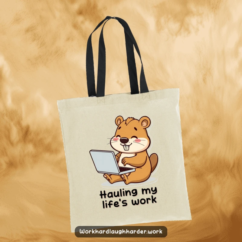 Funny tote bag with a happy beaver typing on a tiny laptop, perfect for carrying items with a productive and humorous flair.