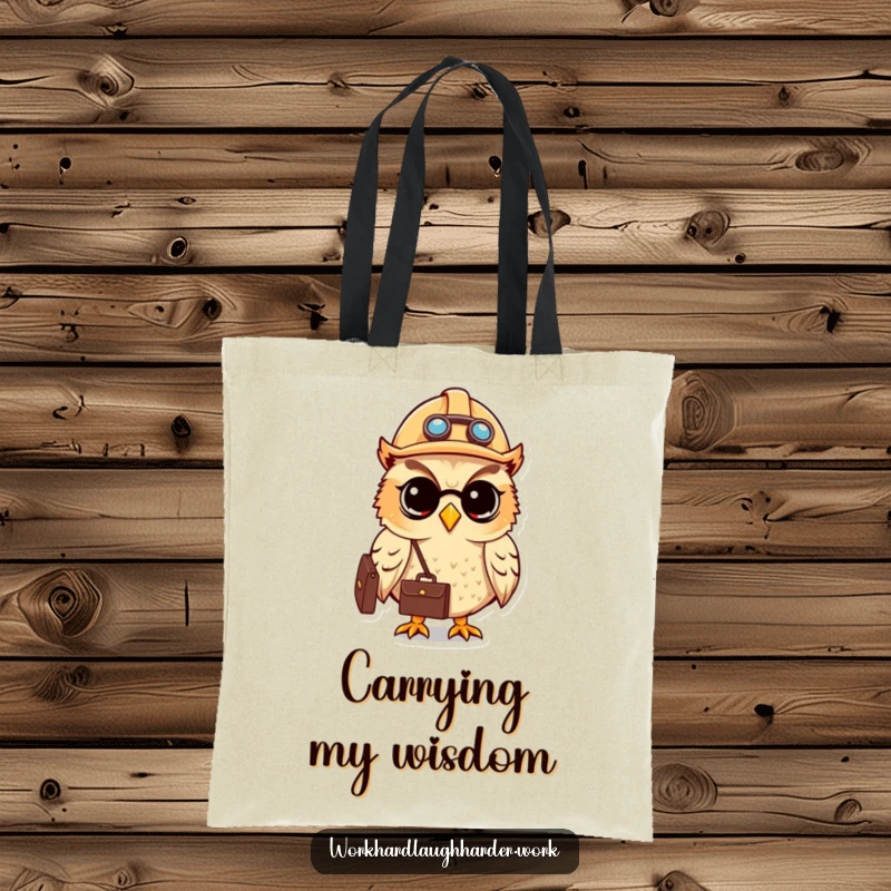 Funny cute owl in a hard hat holding a briefcase, showcased on a durable canvas tote bag.
