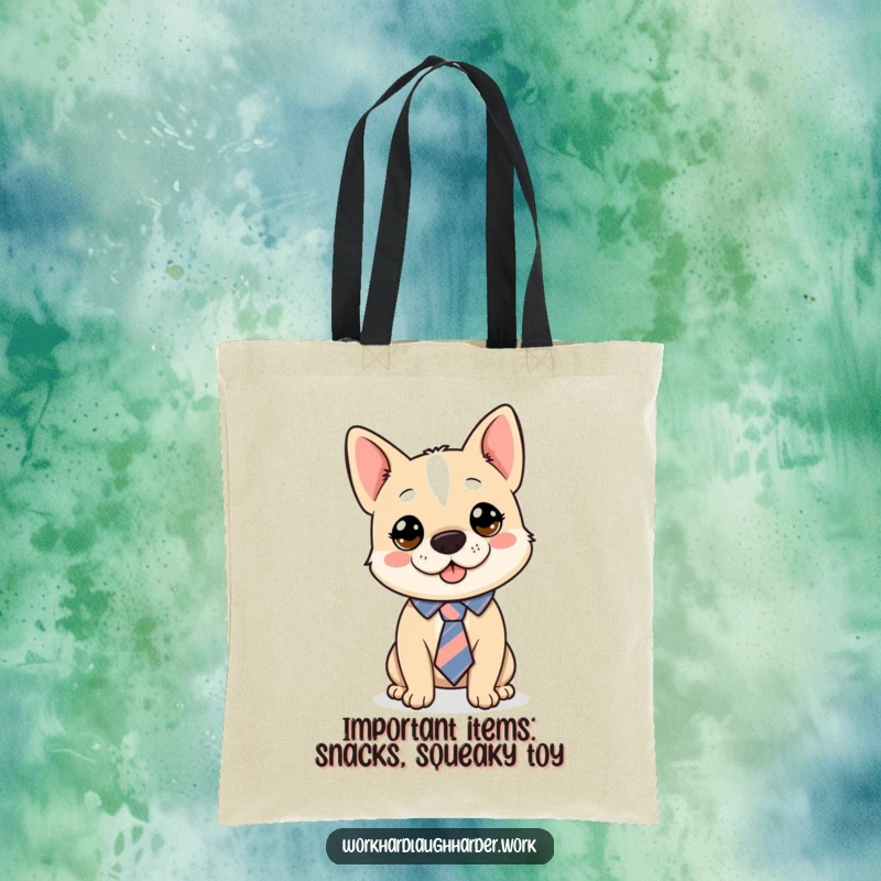 Funny dog wearing a tie askew, comically dressed on a durable tote bag, a humorous and practical funny gift.
